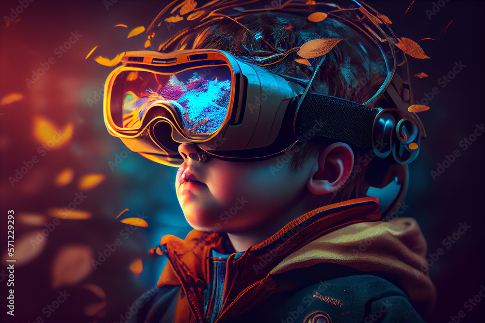 Young boy wearing VR virtual reality headset. Futuristic portret. Neon lghts. Generative AI