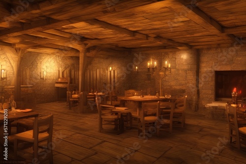 Fantasy medieval tavern background with grand fireplace. 3d rendering - generative ai
