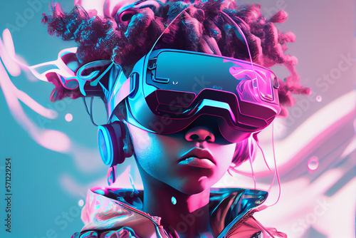 Young boy wearing VR virtual reality headset. Futuristic portret. Neon lghts. Generative AI photo