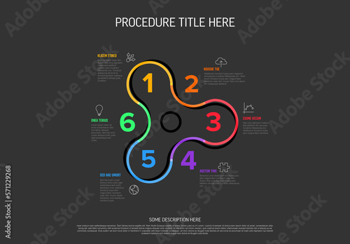 Minimalistic thick line six steps elements in spinner shape template on dark background
