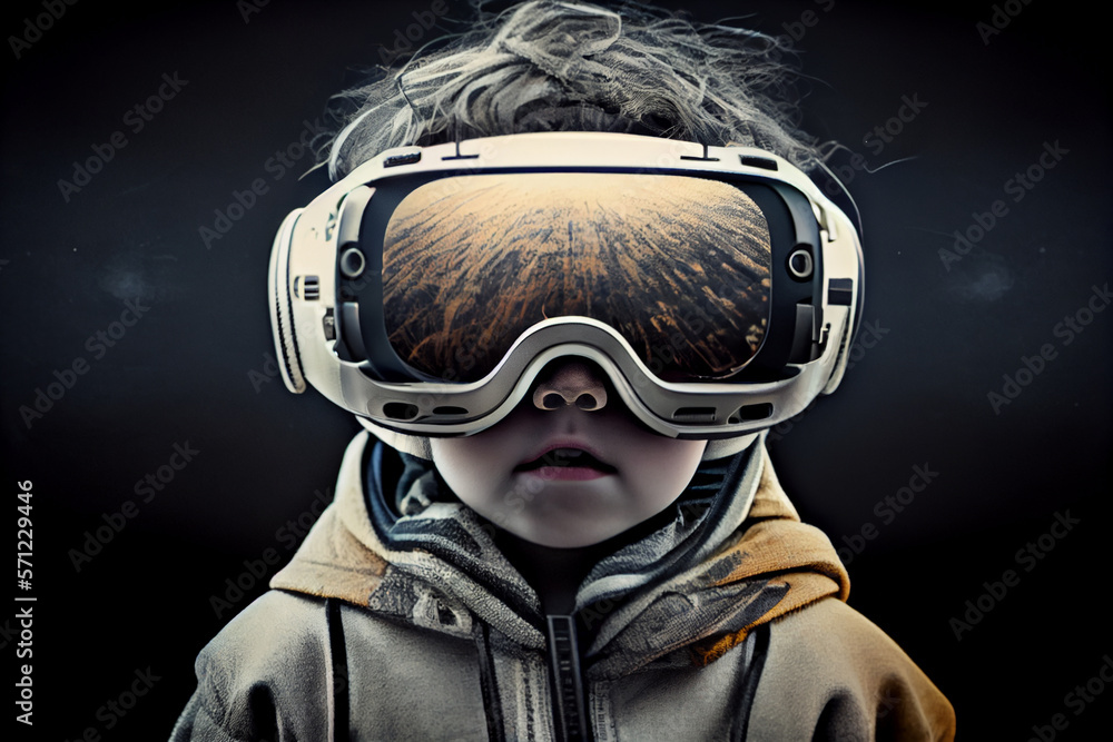 Young kid wearing VR virtual reality headset. Futuristic portret. Neon lghts. Generative AI Young kid wearing VR virtual reality headset. Futuristic portret. Neon lghts. Generative AI