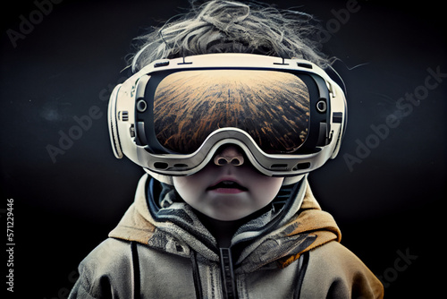 Young kid wearing VR virtual reality headset. Futuristic portret. Neon lghts. Generative AI