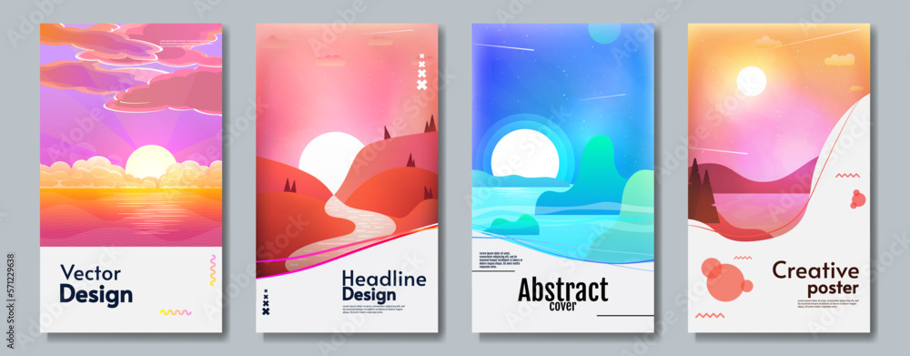 Set of abstract vector landscapes. Evening and morning. Design for poster, brochure, cover, banner, greeting, touristic or busyness card. 