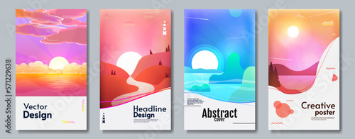 Set of abstract vector landscapes. Evening and morning. Design for poster, brochure, cover, banner, greeting, touristic or busyness card. 