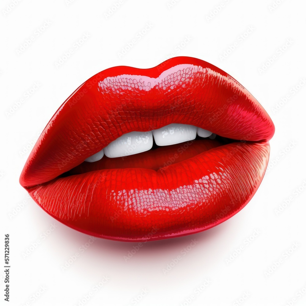 Red glossy lips on a white background. Created using generative AI and image editing software. Red glossy lips on a white background. Created using generative AI and image editing software.