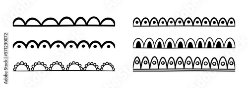 Doodle scalloped edge seamless brush stroke. Hand drawn scalloped border. Fabric laces silhouette. Repeat cute vintage frill ornament. Texture ribbon. Vector illustration isolated on white background.