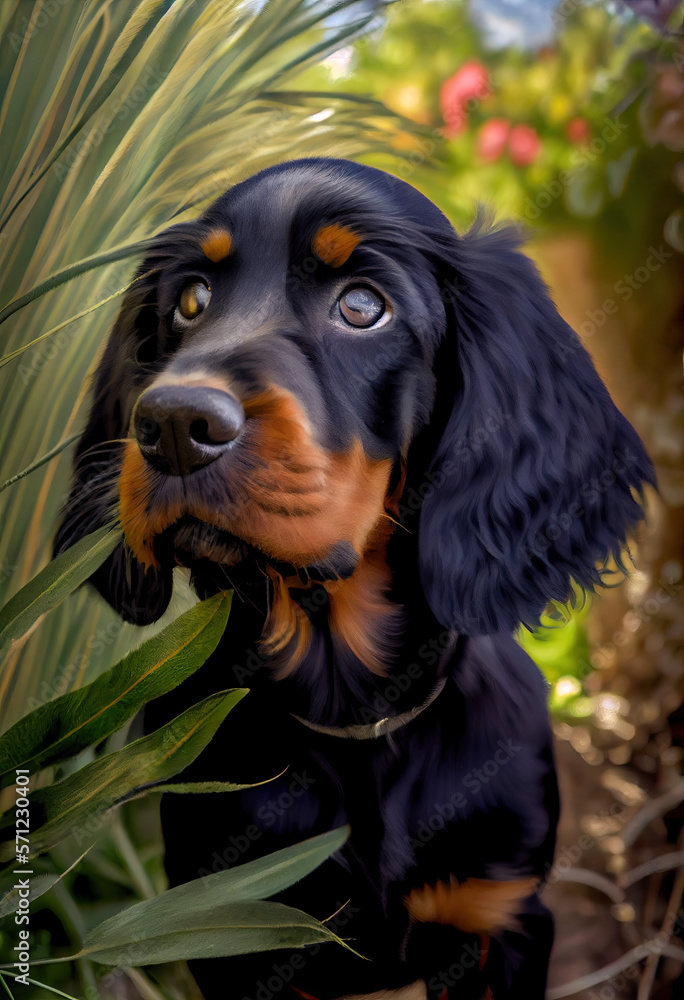 Gordon Setter puppy playing in the sun, generative AI Gordon Setter puppy playing in the sun, generative AI