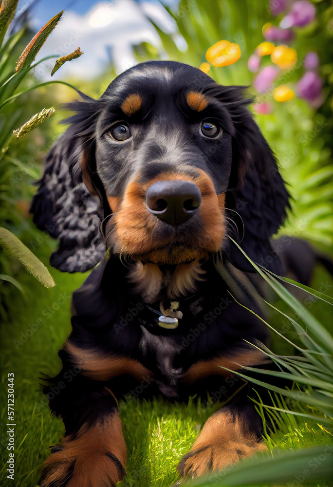 Gordon Setter puppy playing in the sun, generative AI Gordon Setter puppy playing in the sun, generative AI