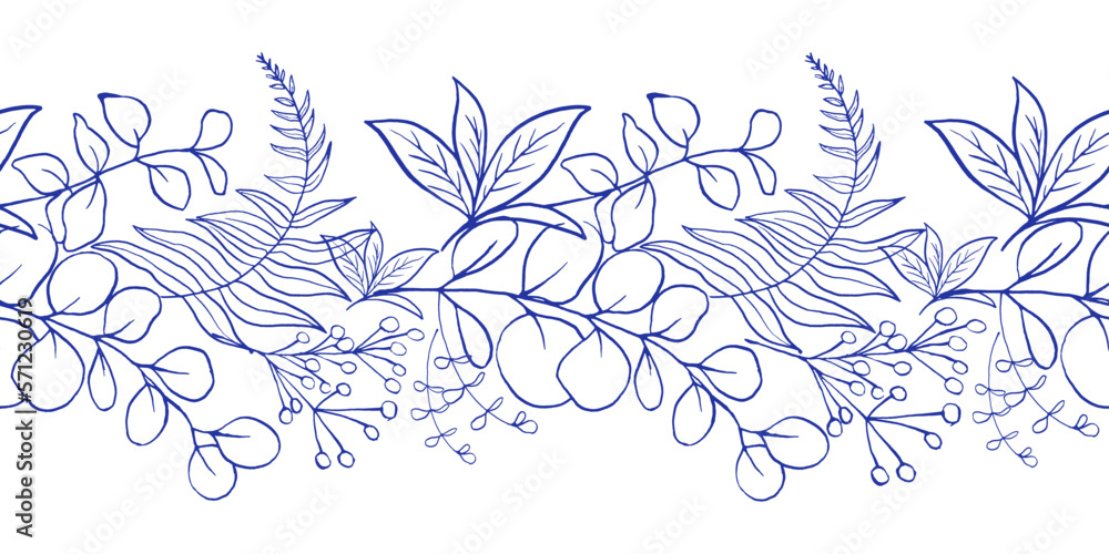 Seamless border with Blue Fern, Eucalyptus and Herbs on white background. Chinoiserie inspired.