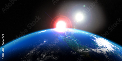 deux soleils se lève à l'horizon d'une exoplanète - illustration 3D