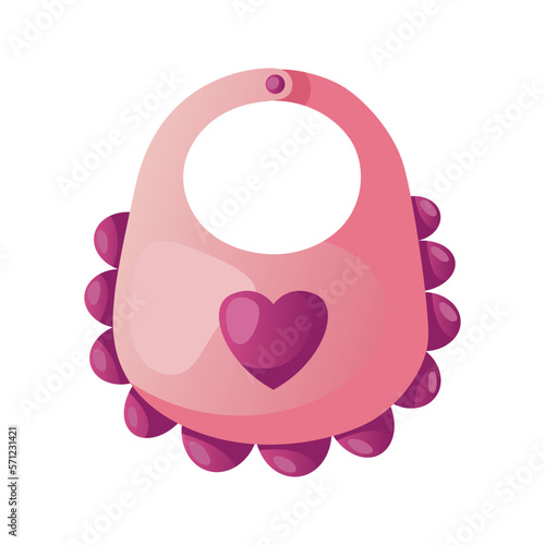 Cute pink bib for baby feeding. Silicone or plastic breastplate with heart. Baby shower invitation. It's a girl. Hello baby celebration, holiday, event. Banner, flyer. Cartoon illustration