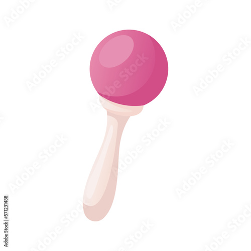Cute pink rattle baby toy with a handle. Ratchet newborn care goods. Baby shower invitation. It's a girl. Hello baby celebration, holiday, event. Banner, flyer. Cartoon illustration