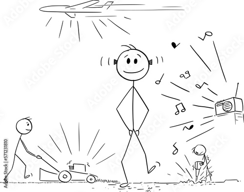 Person With Ear Plugs Hears no Loud Noise , Vector Cartoon Stick Figure Illustration