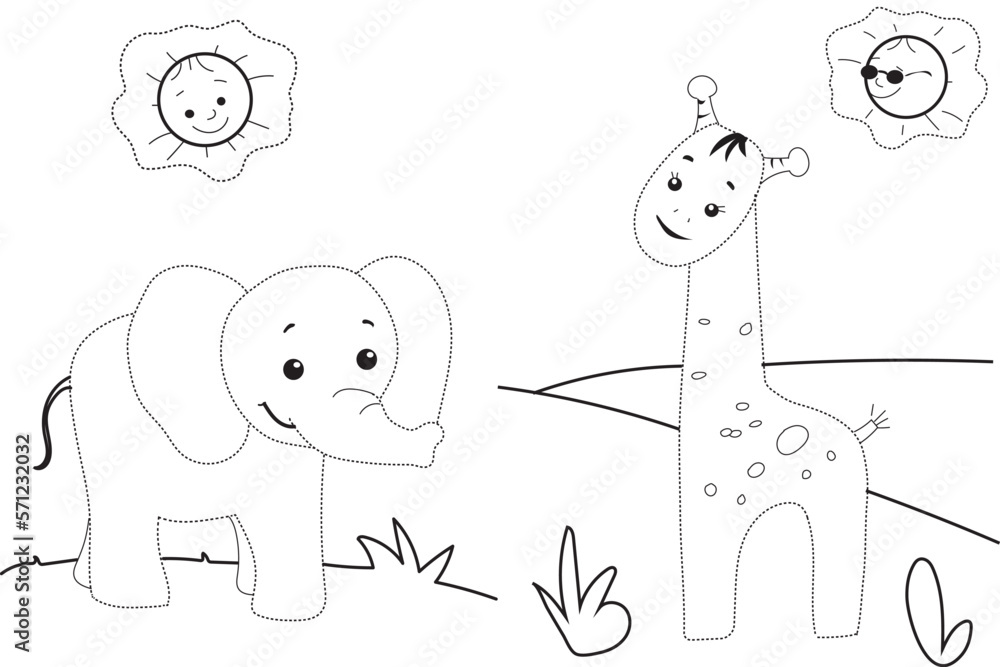 Trace the Giraffe and the Elephant Coloring Page .  Giraffe and Elephant Dot Drawing
