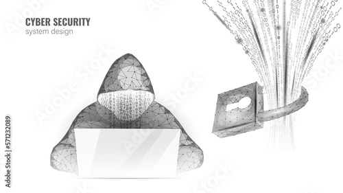 Anonymous hacker at the laptop computer Internet security. Cyber attack business concept low poly. Server polygonal point line design vector illustration