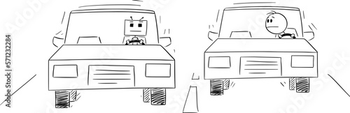 Robot or Ai Driving Autonomous Car , Vector Cartoon Stick Figure Illustration