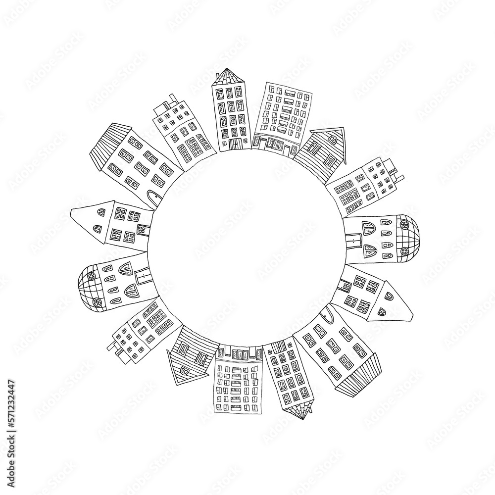 Black and white circle of buildings, houses - hand drawn wreath with city street isolated on white background