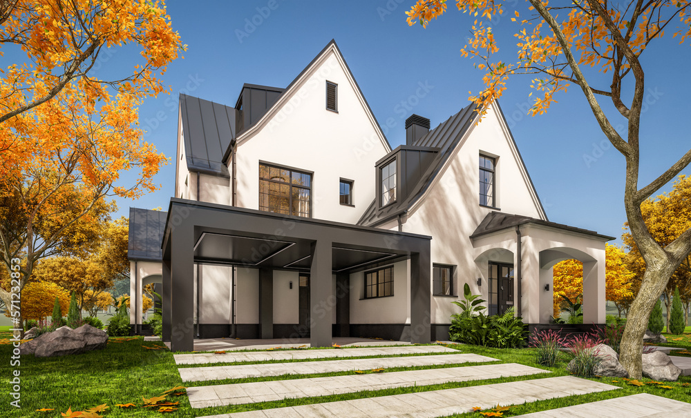 3d rendering of cute cozy white and black modern Tudor style house with parking and pool for sale or rent with beautiful landscaping. Fairy roofs. Clear sunny autumn day with golden leaves anywhere 3d rendering of cute cozy white and black modern Tudor style house with parking and pool for sale or rent with beautiful landscaping. Fairy roofs. Clear sunny autumn day with golden leaves anywhere