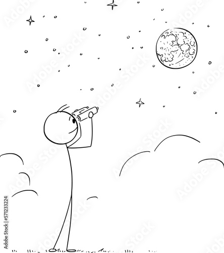 erson With Binoculars Watching Moon, Vector Cartoon Stick Figure Illustration photo
