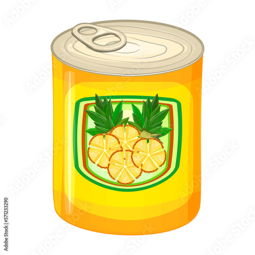 
Pineapple tin can. Fresh ananas pieces with sugary syrup in metallic can package. Preserve food, long term storage product concept with sweet pineapple. Tinned cooking ingredient. Vector illustration