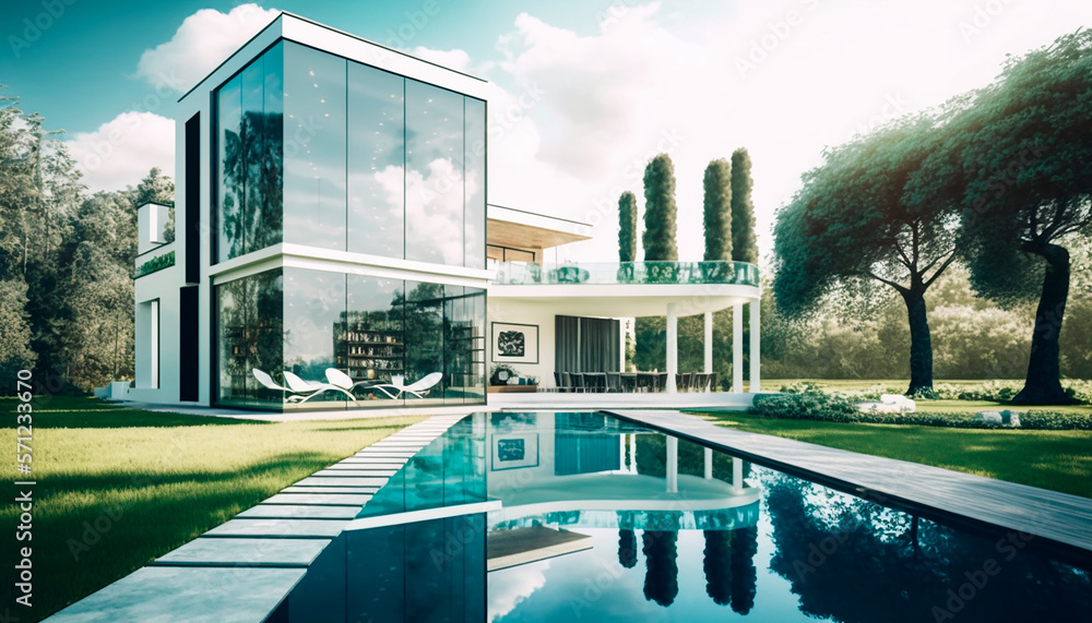 modern villa with a lot of glass and great pool and garden, concept of modern living, generative ai