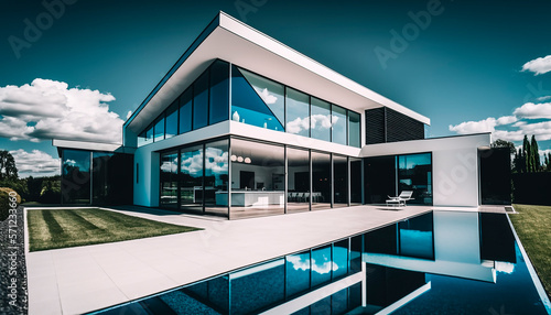 modern villa with a lot of glass and great pool and garden, concept of modern living, generative ai