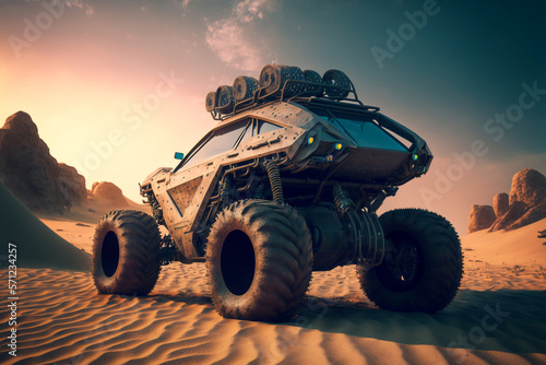 Off-road vehicle moving on dirt road against sky during sunny day, Generative AI