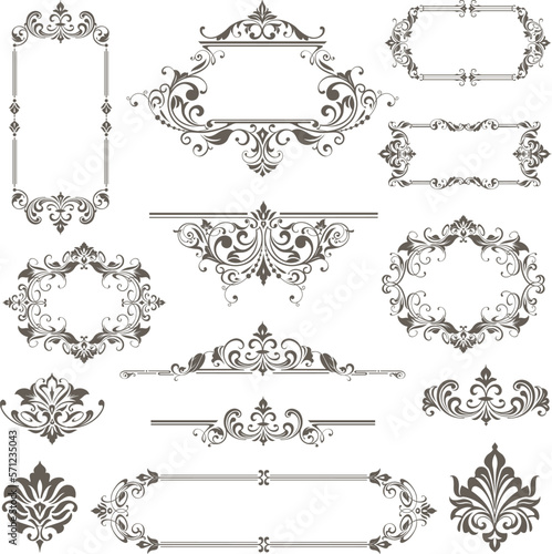 Vintage design lace borders monogram logo and corners, dividers Vector set art deco floral ornaments elements
