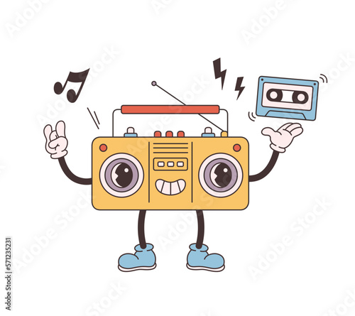 Trendy retro cartoon Radio character. Cassette player. Groovy style, vintage, 80s, 90s aesthetics