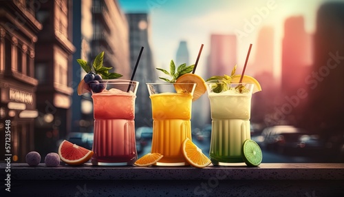 row of fresh fruit juice cocktail beverage on rooftop with urban cityscape background  idea for happy luxury fun party travel vacation theme  Generative Ai