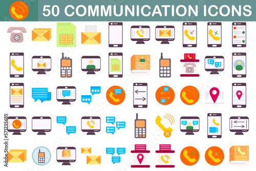 Communication icons collection. Containing discussion, speech bubble, consultation and conversation icon.
50 Flat Icons Collection