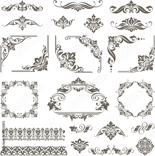Vintage design lace borders monogram logo and corners, dividers Vector set art deco floral ornaments elements