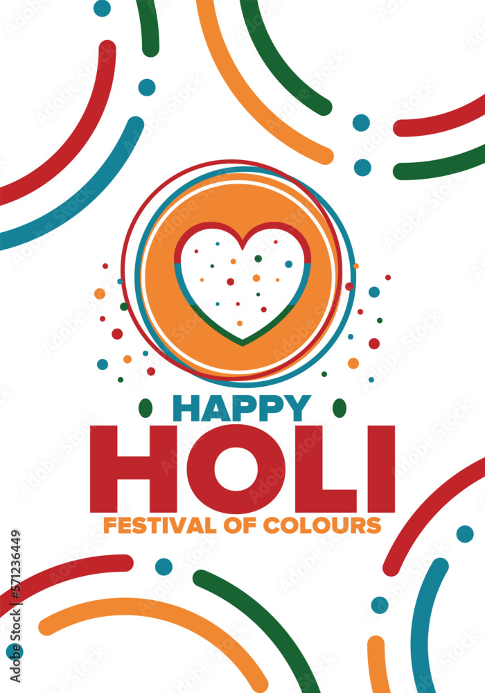 Naklejka premium Happy Holi. Festival of Colours. Phagwah. Annual Hindu Spring Festival. Celebrated in India and Nepal and other Asia. Beautiful poster design with heart. Vector illustration
