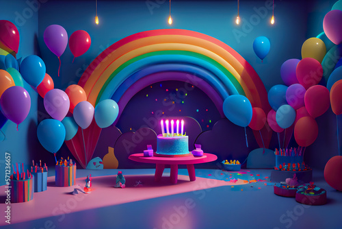 Happy Birthday party card or anniversary party with full of balloons with rainbow colors , use it as a background or greeting card or setup room. generative ai 