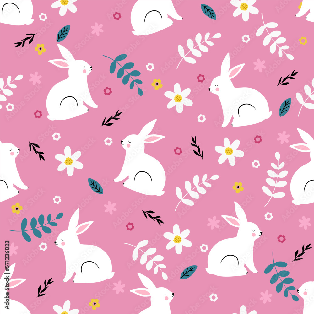 Cute white rabbit fith flowers and leaves. Seamless spring pattern