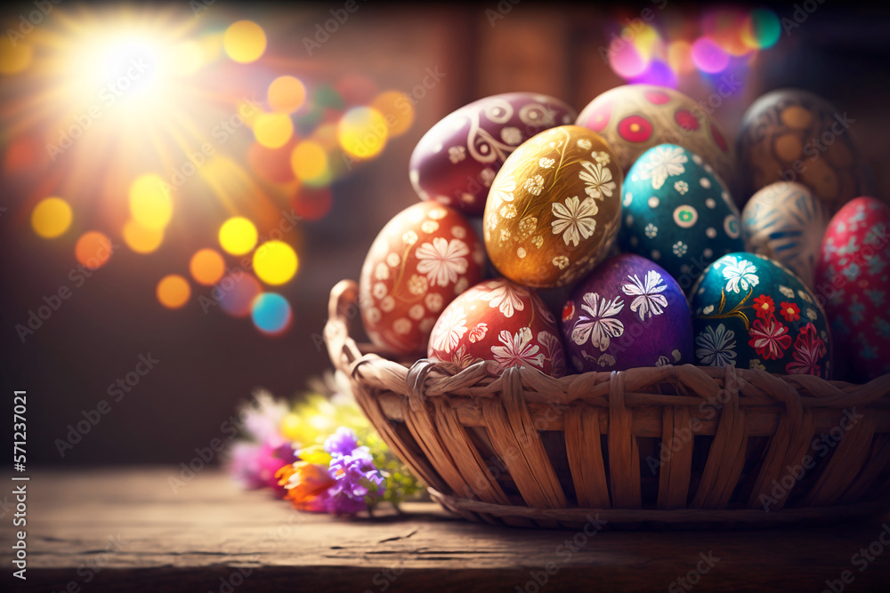 Bright morning rays illuminate a wooden table with an Easter nest filled with colorful painted eggs and a bouquet of flowers. Multicolored bokeh lights in the background. Generated ai Bright morning rays illuminate a wooden table with an Easter nest filled with colorful painted eggs and a bouquet of flowers. Multicolored bokeh lights in the background. Generated ai