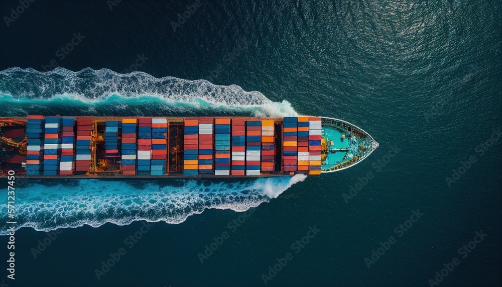 Aerial view from drone, Container ship or cargo shipping business logistic import and export freight transportation by container ship in the open sea, freight ship boat. Generative AI - obrazy, fototapety, plakaty 