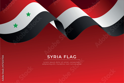 Syria flag design. Syrian flag wavy on red background. Realistic waving ribbon or banner with flag of Syria.  Independence day