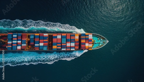 Photo Aerial view from drone, Container ship or cargo shipping business logistic import and export freight transportation by container ship in the open sea, freight ship boat