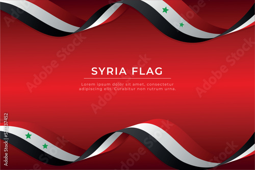 Syria flag design. Syrian flag wavy on red background. Realistic waving ribbon or banner with flag of Syria.  Independence day