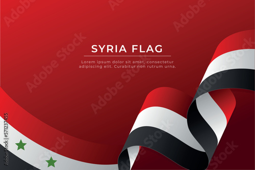 Syria flag design. Syrian flag wavy on red background. Realistic waving ribbon or banner with flag of Syria.  Independence day
