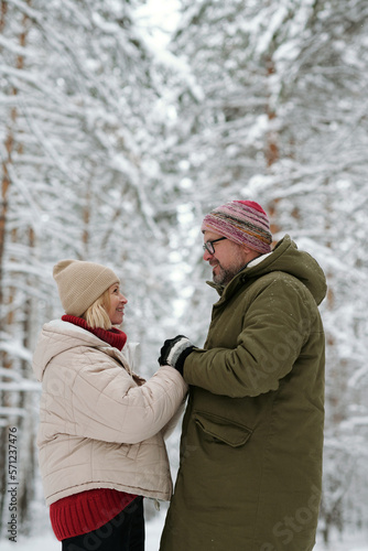 Smiling senior couple holding by hands and looking at one another while standing in front of camera against pinetrees covered with snow