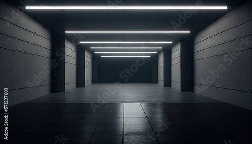 Elegant Big Hall Concrete Glossy Underground Showroom Garage Gallery Hallway Tunnel Corridor Studio White Lights Stripe Empty Dark Grunge. Generative AI