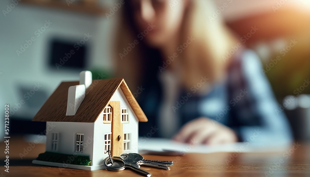 house model with keys and a blurred person in the background. Buying a new home. Women sign documents for a new house. Generative AI