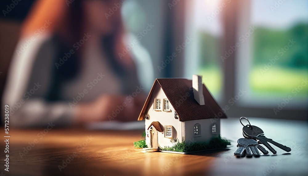 house model with keys and a blurred person in the background. Buying a new home. Women sign documents for a new house. Generative AI house model with keys and a blurred person in the background. Buying a new home. Women sign documents for a new house. Generative AI