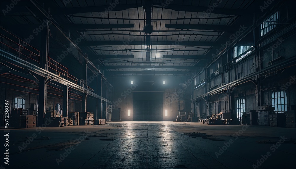 Concrete floor inside old industrial building. Use as large factory, warehouse, storehouse, hangar, plant. Old interior with empty space for background. Generative AI
