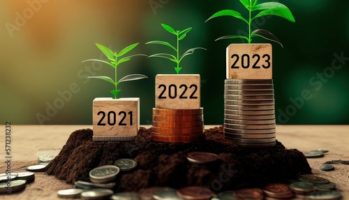 Seedlings grow on a stack of coins with cubes with text from 2021 to 2023. business growth, profit. Strategic planning combined with environmental protection. Generative AI