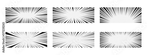 Set of cartoon or comic emphasis designs. Manga book page templates. Radial speed black lines on transparent background. Surprise, attention, bang, explosion, fight, power, motion, burst effect
