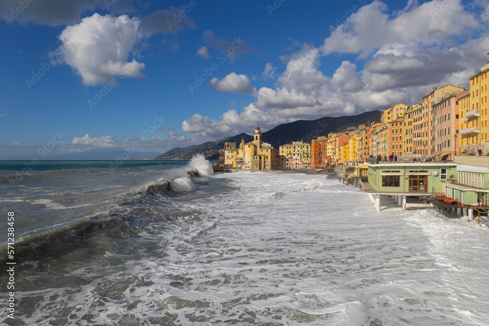 CAMOGLI, ITALY, JANUARY 18, 2023 - Rough sea on the beach of Camogli, Genoa province, Italy.