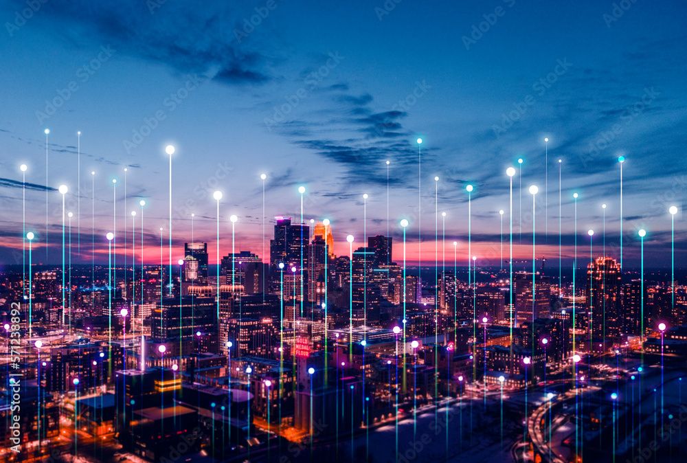 Telecommunication and communication network concept. Big data connection technology. Smart city and digital transformation.	